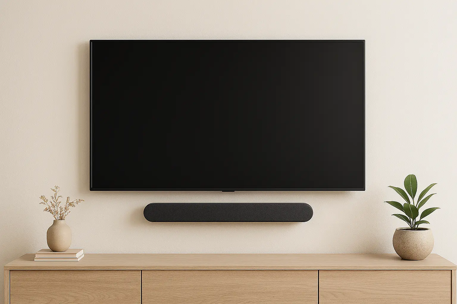 Lounge room TV with a soundbar wall mounted directly below it